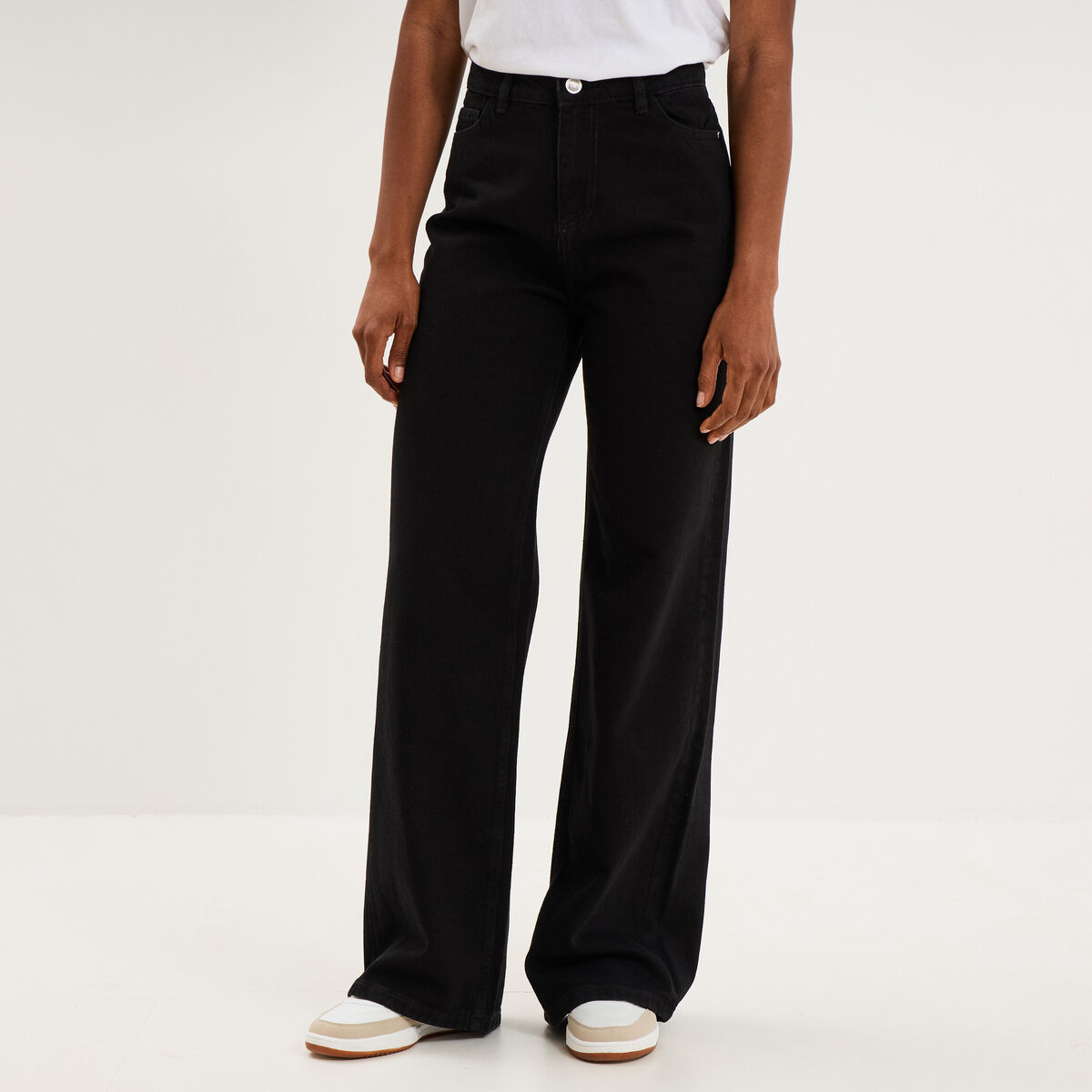 Jean large taille haute coton denim noir femme