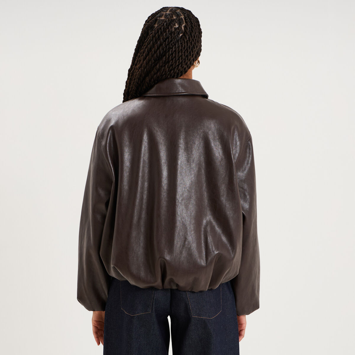 blouson court oversize similicuir zipp&eacute; marron fonc&eacute; femme