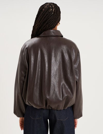 blouson court oversize similicuir zipp&eacute; marron fonc&eacute; femme