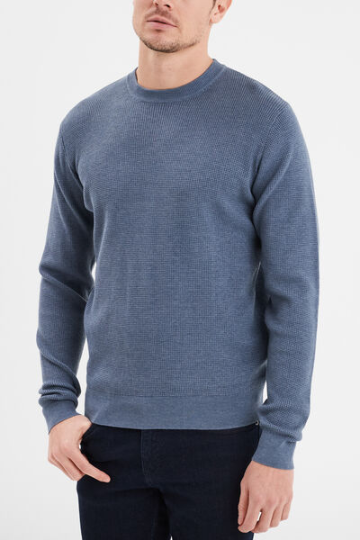 Pull en maille textur&eacute;e col rond bleu fonc&eacute; homme