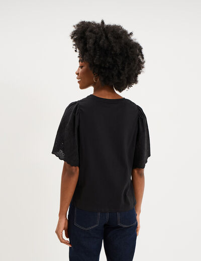 T-shirt manches broderie anglaise coton noir femme