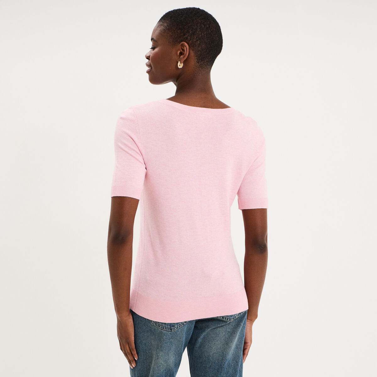 Pull manches courtes col rond rose clair femme