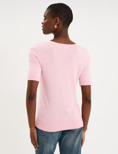 Pull manches courtes col rond rose clair femme