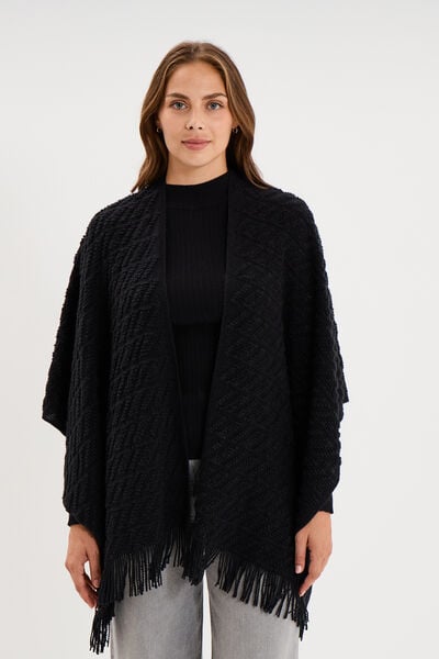 Poncho &agrave; franges ample noir femme