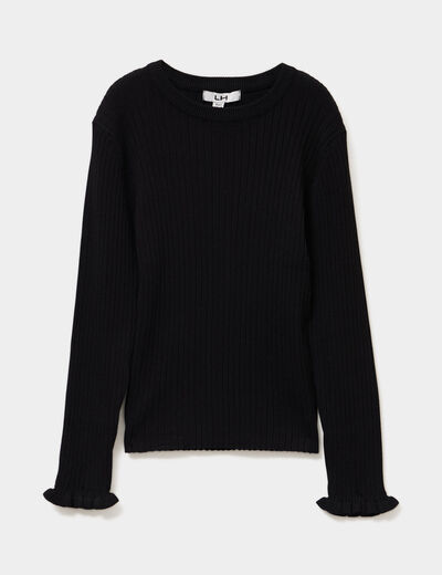 Pull côtelé ajusté manches longues noir fille