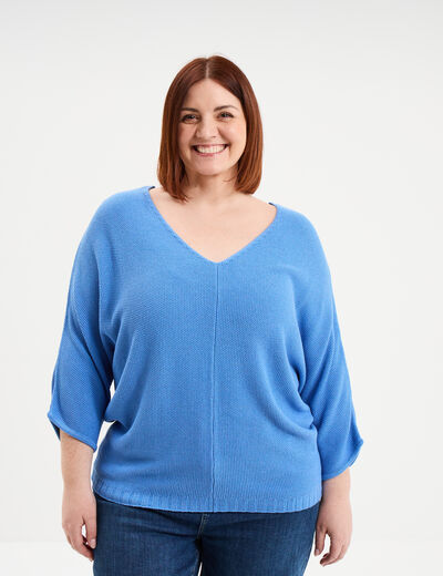 Pull manches 3/4 ajust&eacute; bleu electrique femme grande taille