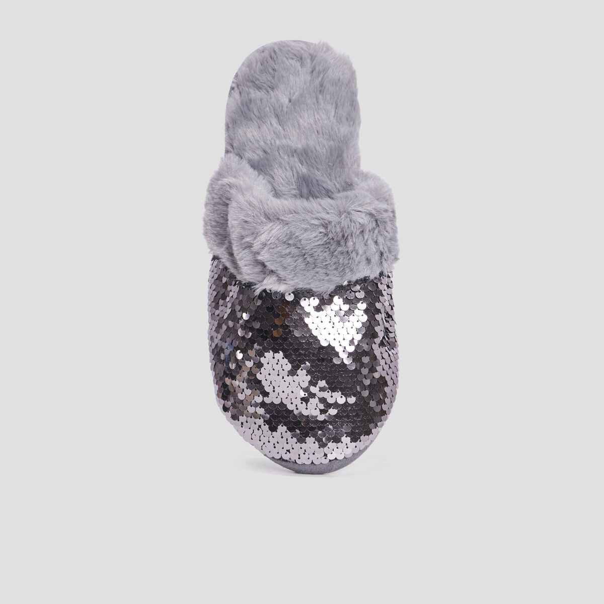 Chaussons mules sequins et fourrure gris femme