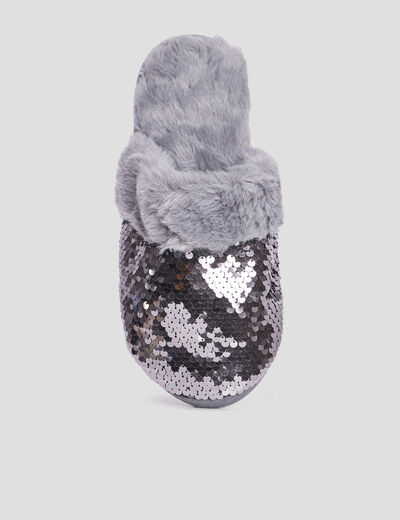 Chaussons mules sequins et fourrure gris femme