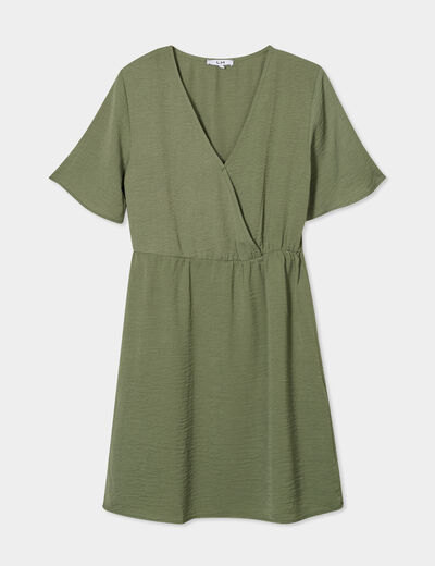 Robe courte col cache-coeur vert kaki femme
