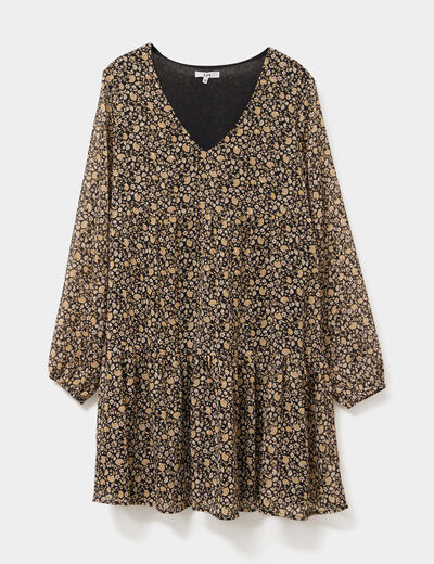 Robe évasée col en V et volants noir femme