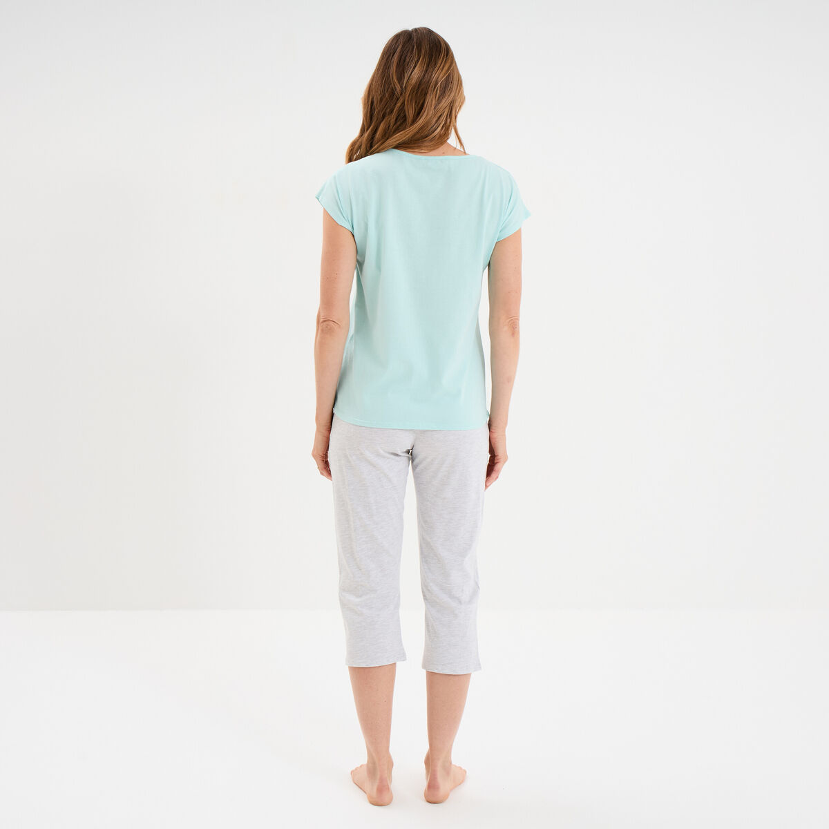 Ensemble pyjama corsaire t-shirt coton bleu turquoise femme