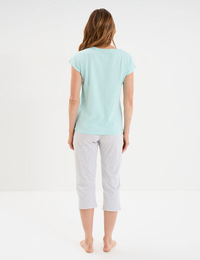 Ensemble pyjama corsaire t-shirt coton bleu turquoise femme