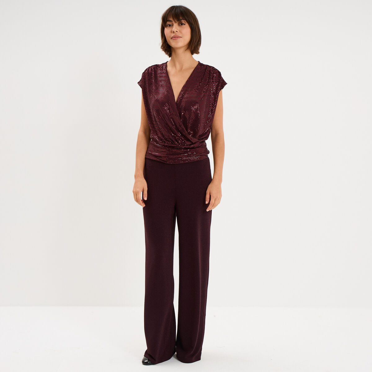 Pantalon large &agrave; paillettes prune femme