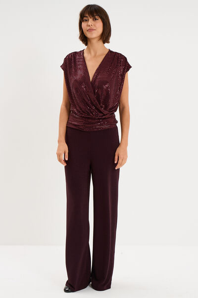 Pantalon large &agrave; paillettes prune femme