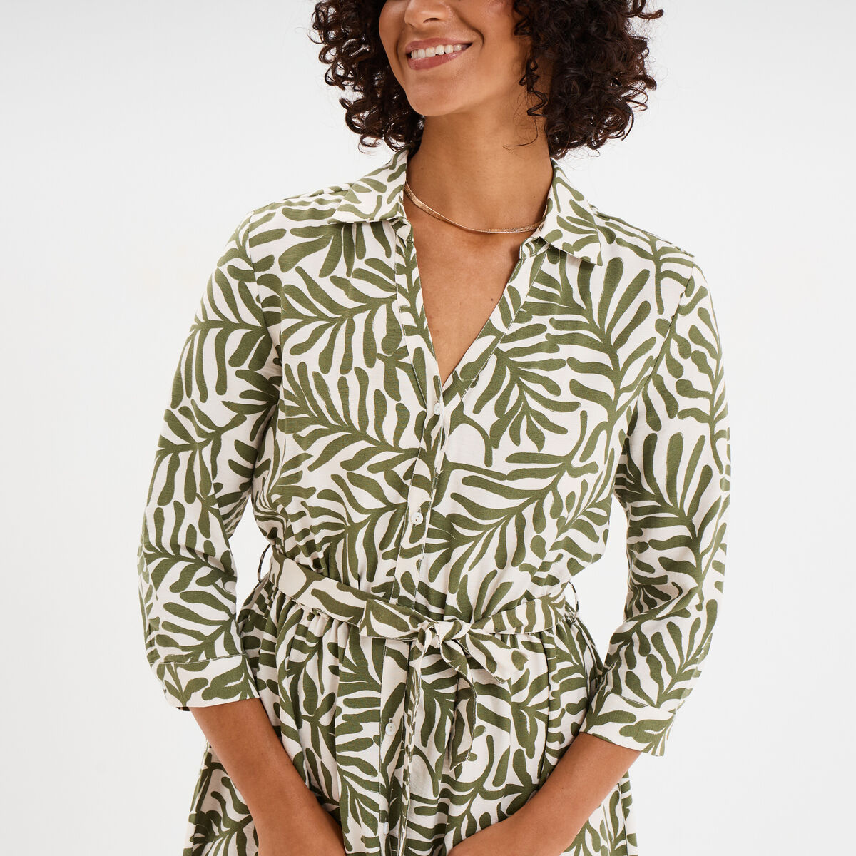 Robe col chemise ceinturée manches 3/4 blanc femme