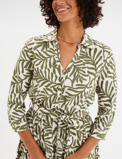 Robe col chemise ceinturée manches 3/4 blanc femme