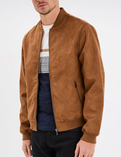 Blouson bomber suédine zippé et doublé camel homme