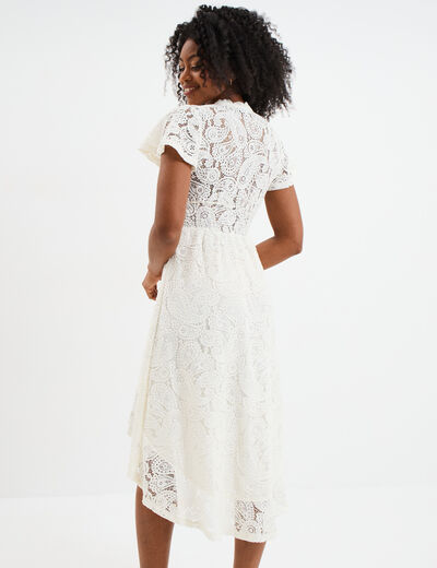 Robe midi col V dentelle et volants blanc femme
