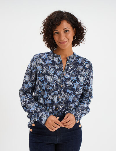 Chemise manches longues col mao bleu marine femme
