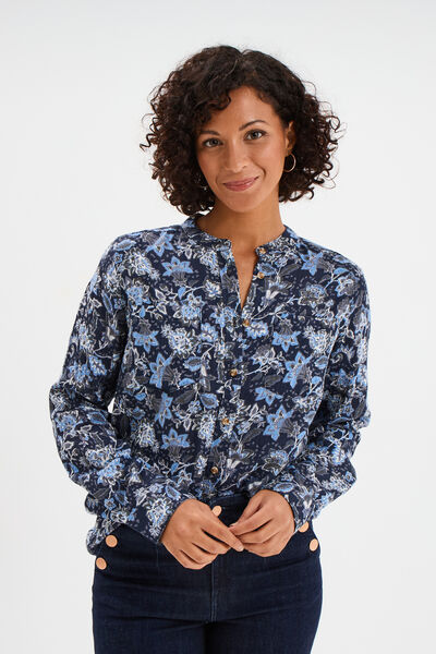 Chemise manches longues col mao bleu marine femme