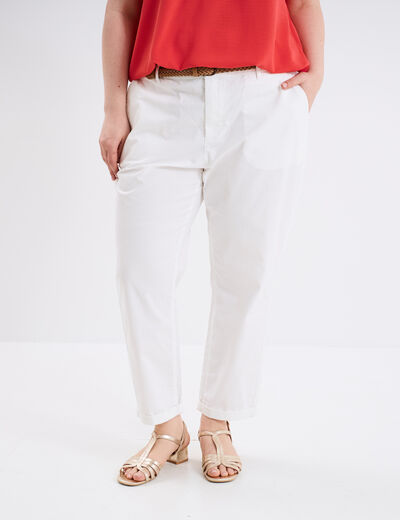 Pantalon chino cigarette ceinturé coton blanc femme grande taille