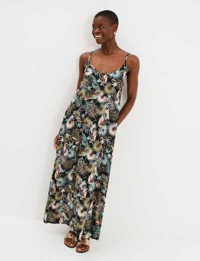 Robe longue droite fluide &agrave; bretelles noir femme
