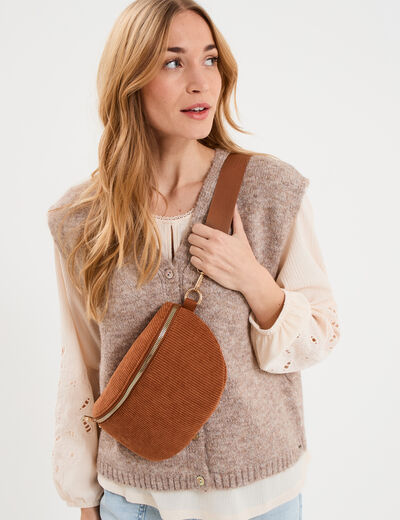 Sac banane aspect velours c&ocirc;tel&eacute; marron cognac femme