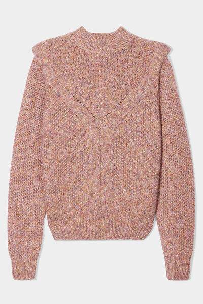 Pull détails torsades col montant rose clair femme