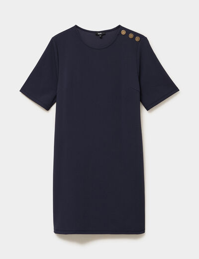Robe droite cr&ecirc;pe manches courtes bleu fonc&eacute; femme