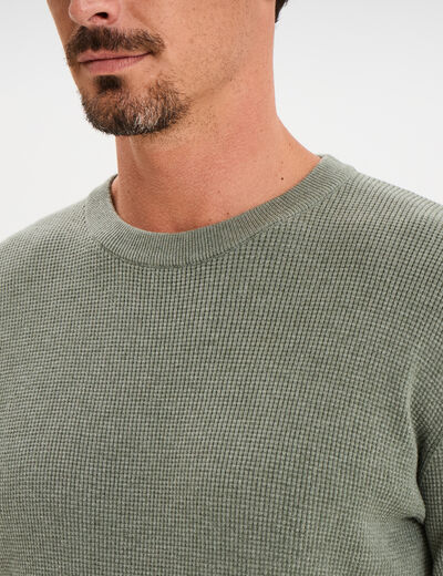 Pull avec col rond à relief vert kaki homme