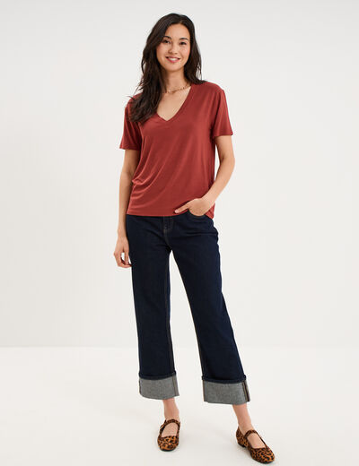 T-shirt fluide col en V manches courtes rouge fonc&eacute; femme