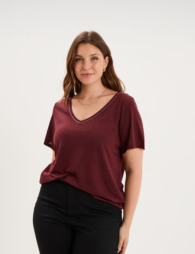 T-shirt manches courtes col V violet fonc&eacute; femme grande taille