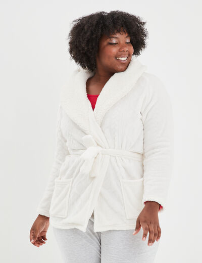 Peignoir court col châle laine mouton blanc femme grande taille