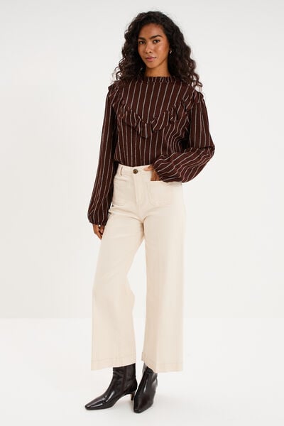 Blouse col montant &agrave; volants marron fonc&eacute; femme
