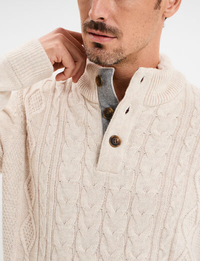 Pull col montant boutonn&eacute; et torsades ecru homme