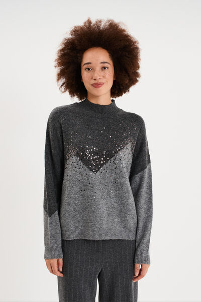 Pull col montant &agrave; sequins oversize gris fonc&eacute; femme