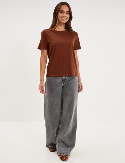 T-shirt col rond manches courtes coton marron fonc&eacute; femme