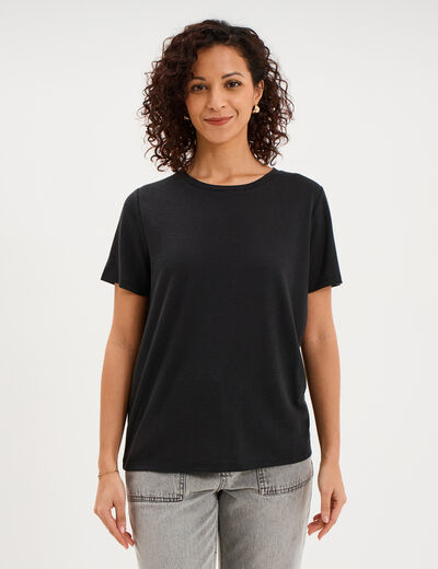 T-shirt manches courtes m&eacute;lange lin noir femme