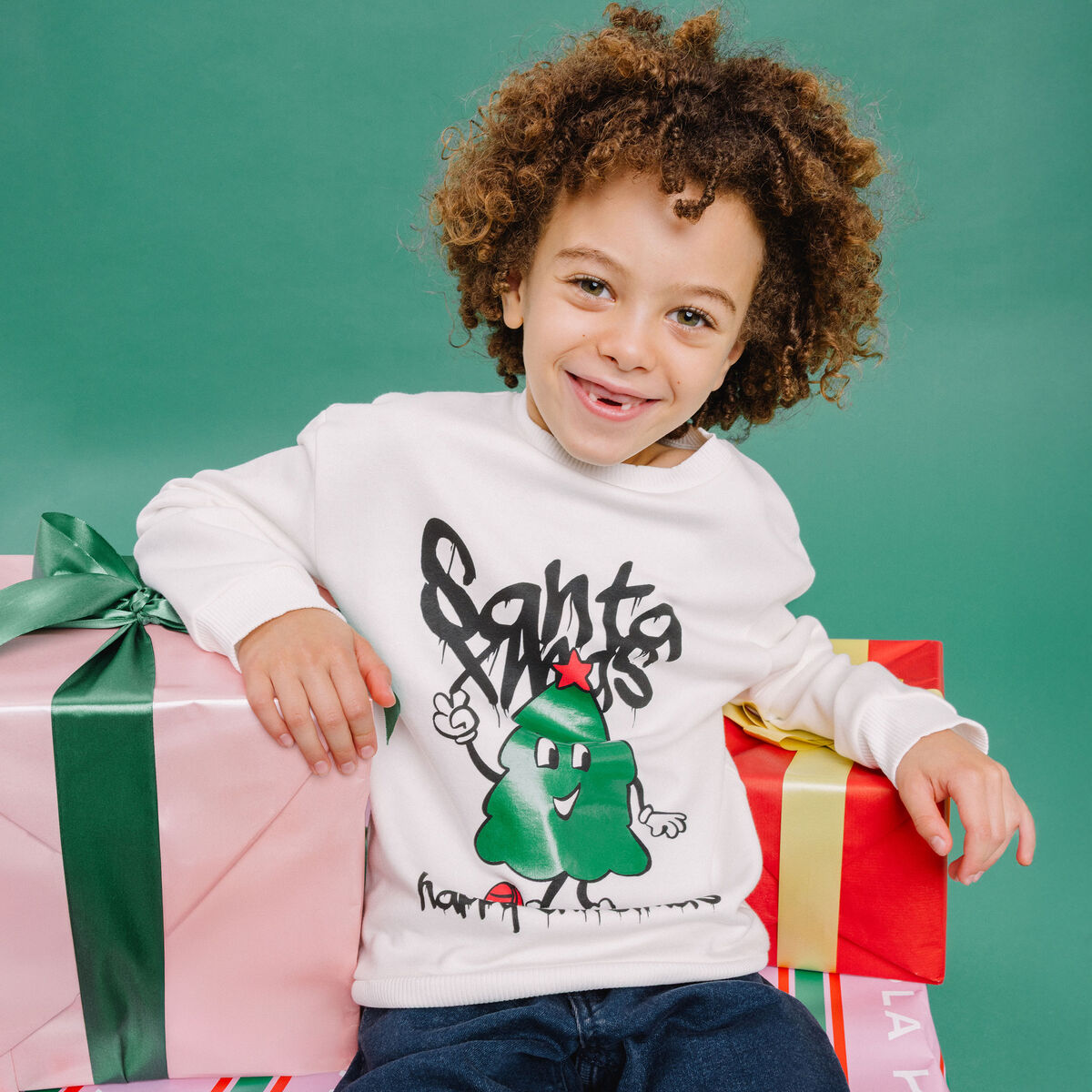 Sweat de No&euml;l col rond oversize blanc gar&ccedil;on