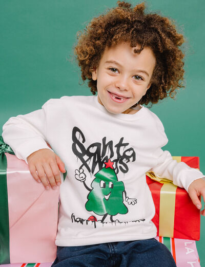 Sweat de No&euml;l col rond oversize blanc gar&ccedil;on