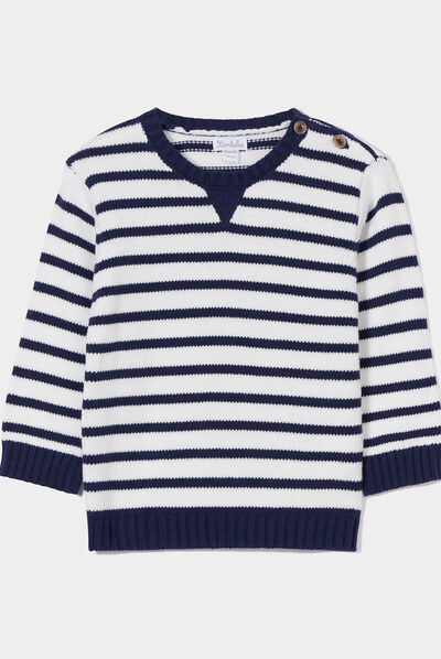 Pull marinière épaule boutonnée Kimbaloo ecru bébé garçon