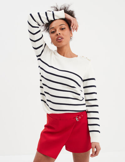 Pull col rond boutons épaule Creeks blanc femme
