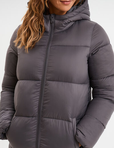Doudoune longue &agrave; capuche gris fonc&eacute; femme