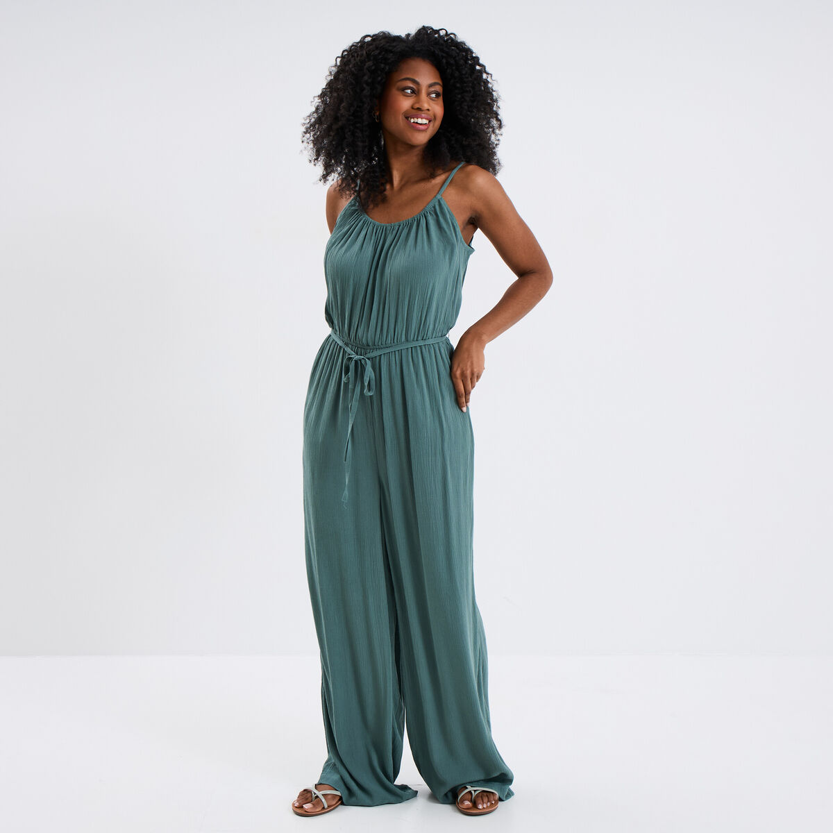 Combinaison pantalon fluide en crêpe vert foncé femme