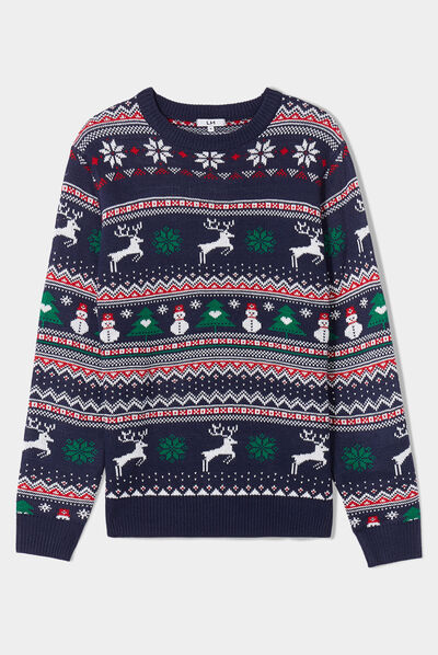 Pull de Noël col rond manches longues multicolore homme