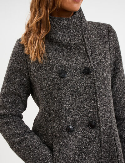 Manteau droit mi-long col montant doubl&eacute; gris fonc&eacute; femme