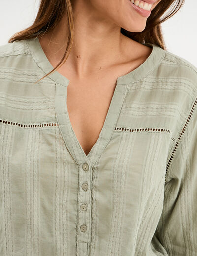Blouse droite col mao coton vert kaki femme