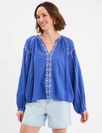 Blouse brodée manches longues coton bleu roi femme