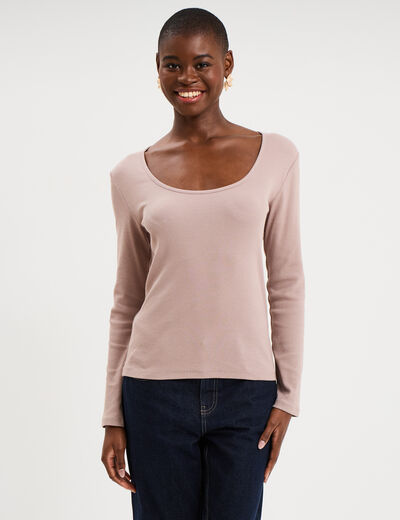 T-shirt coton stretch manches longues marron clair femme