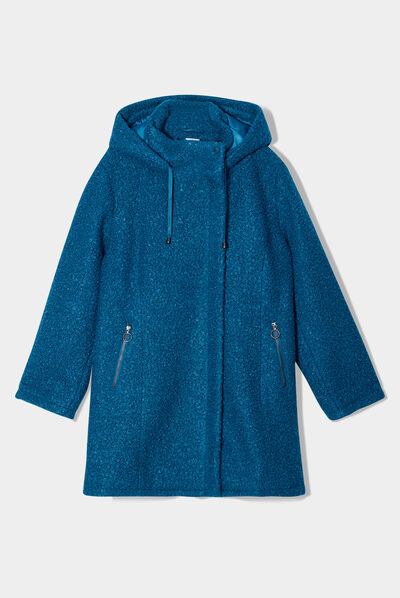 Manteau pilou bouclette à capuche bleu canard femme grande taille